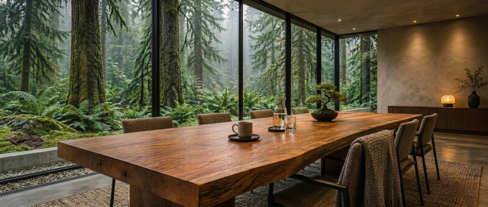 A modernist meeting room with a solid-wood table and a glass wall opening onto a forest